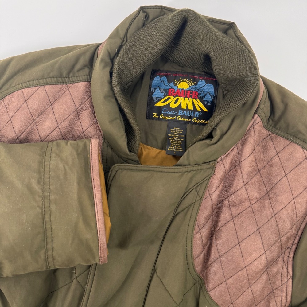 Eddie Bauer Quilted Down Jacket Men Large Olive Green Leather Trim Hunting Field